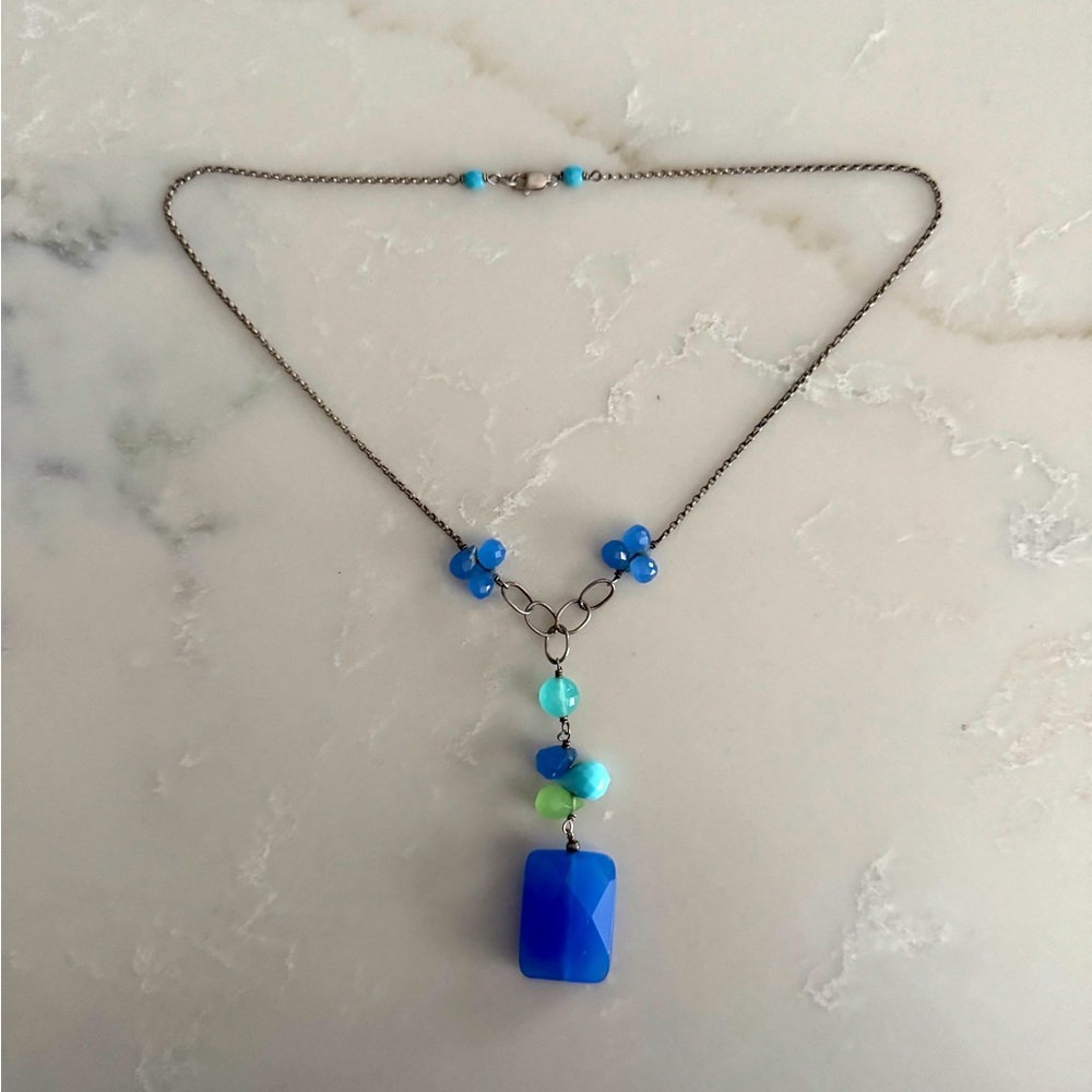 Designer Blue and Green Beaded Necklace. Delicate and vibrant. Free earrings!